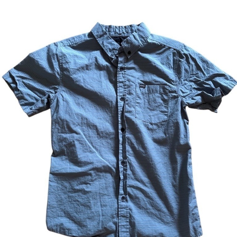 Hurley Button-Up Shirt Mens‎ Size L 8/10 Blue Striped Short Sleeve Chest Pocket